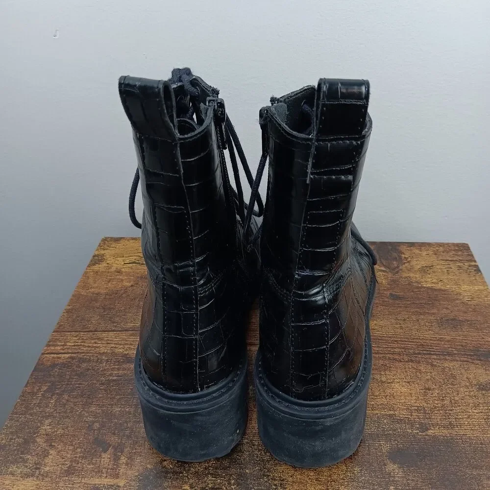 Steve Madden Combat Boots Womens 8M Black Embossed Tornado Platform Chunky Croc - Picture 4 of 8